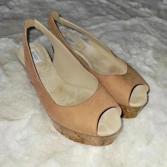 MaxMara Sandal Platform Peep Toe Tan Beige Nubuck Slingback Cork Wedge 38 - Picture 4 of 7